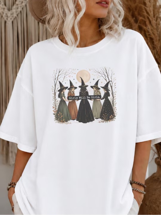 Gildan Tops - White 'Girls Will Be Girls' Halloween Witch Graphic Tee, Women’s Gildan Shirt
